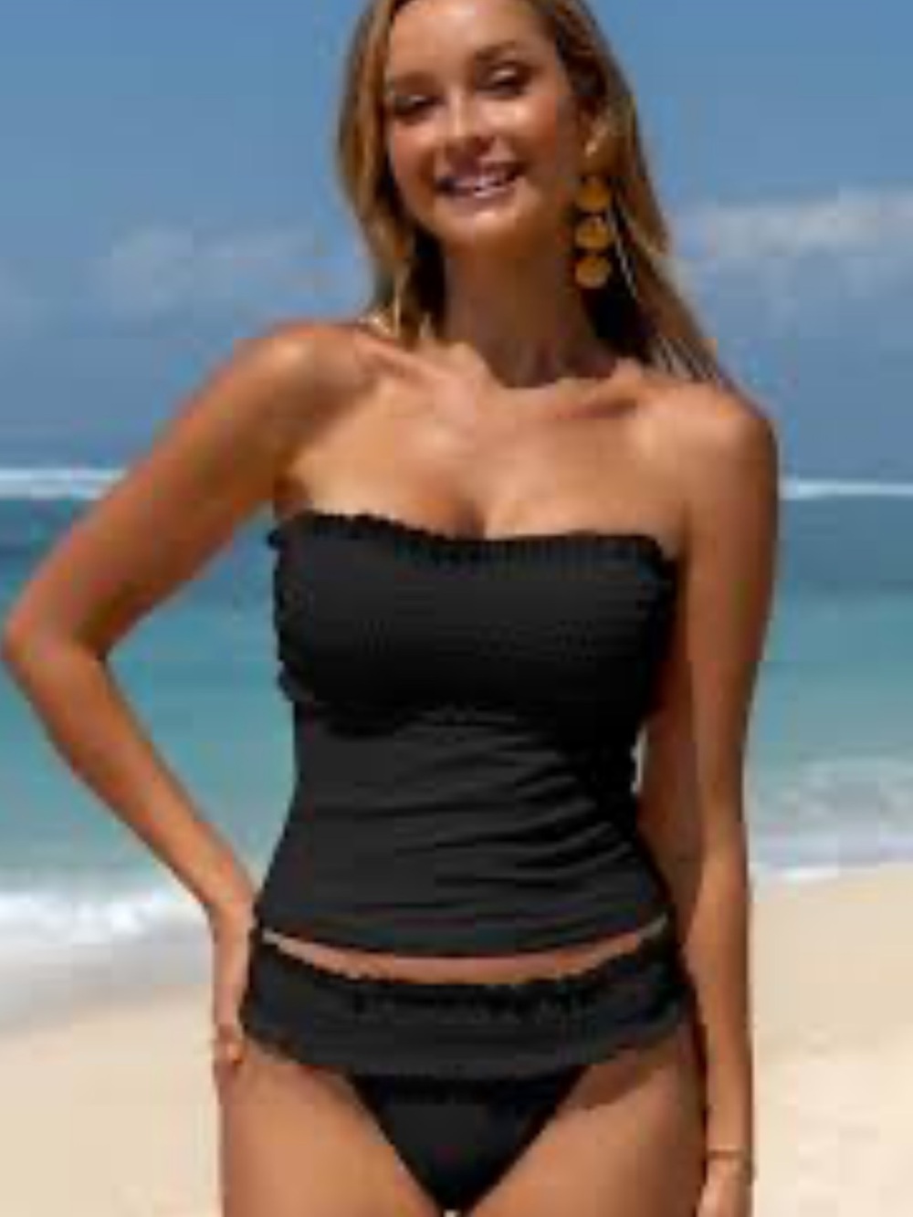 Beachside Smocked Bandeau Tankini Set in Black